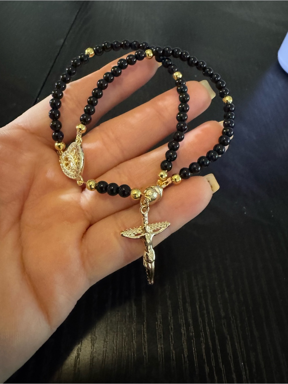 Black Beaded Rosary Bracelet with Gold Accents & Crucifix